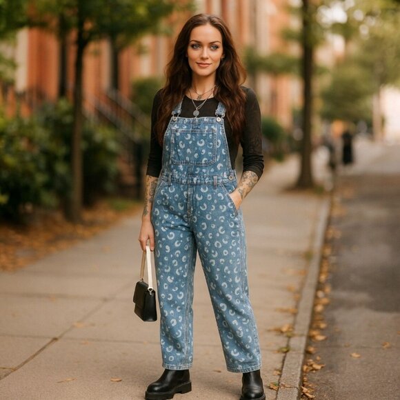 Momokrom Painted Leopard Denim Overalls W/ Adjustable Straps – M/8 NWT - Picture 4 of 9